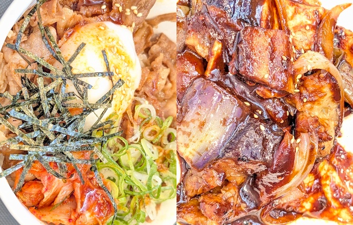松屋の「牛ビビン丼」と「豚と茄子の辛味噌炒め定食」（2026年9月8日）